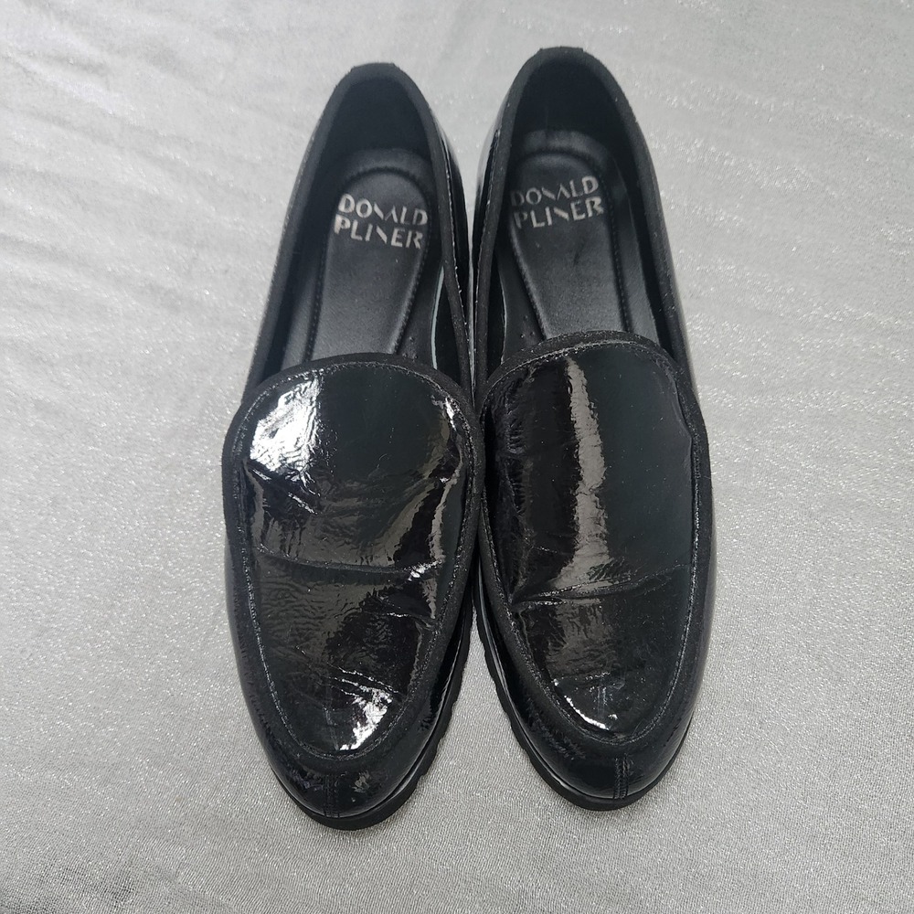 Donald Pliner Black Patent Leather Lug Sole Loafers Corporate Goth Dark Academia